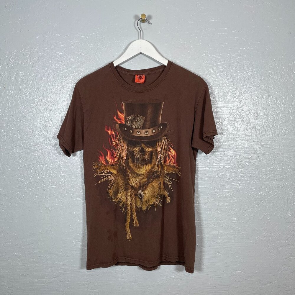 Happy Halloween Unisex M Brown Scarecrow Face T-shirt Cotton Short Sleeve Crew